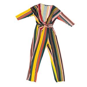 Express Women Size Medium Multicolor Stripe Twist Front Wide Leg Jumpsuit Retro